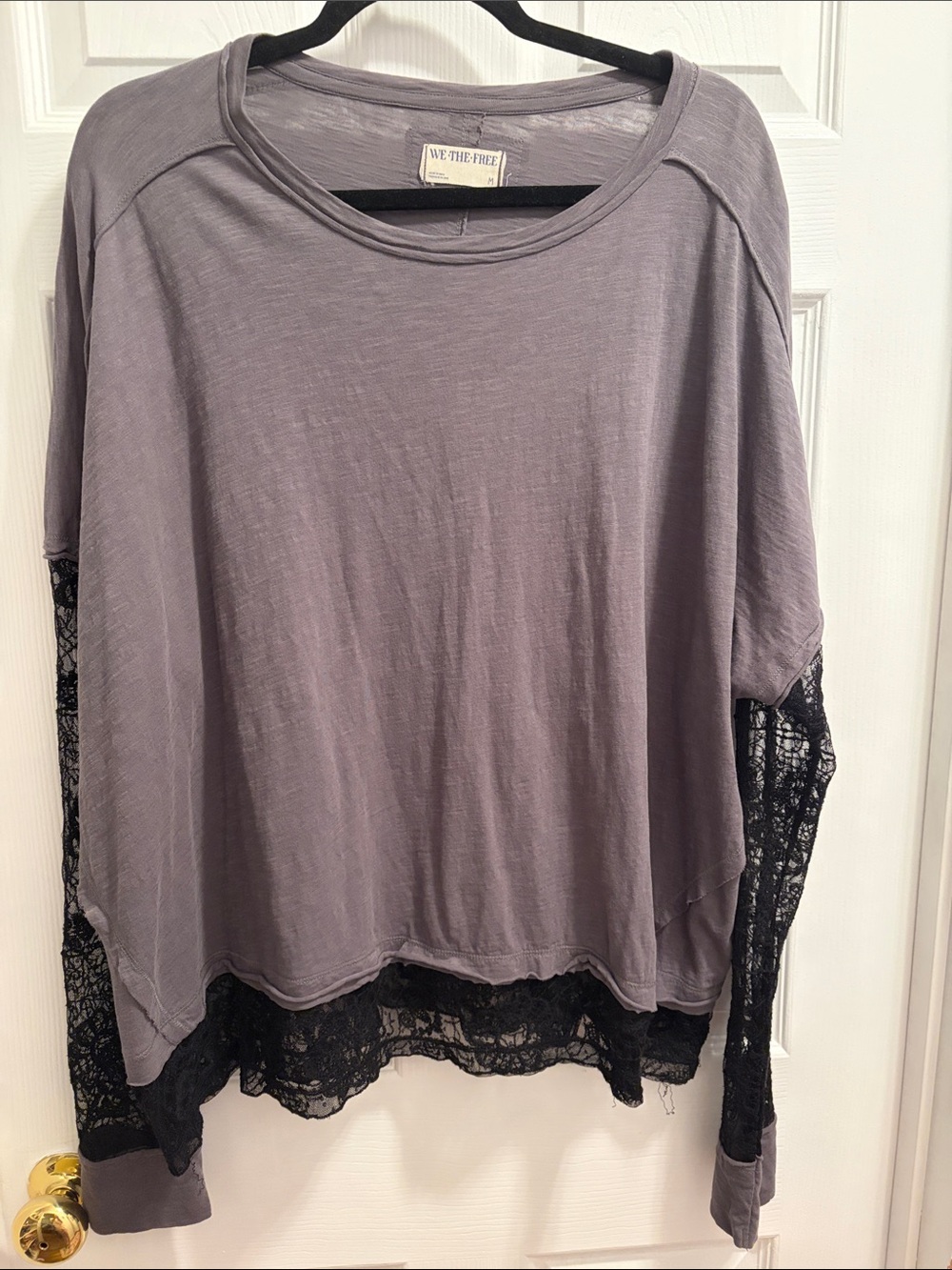 We The Free Lavender Gray Pullover with Black Lace Hem and Sleeves